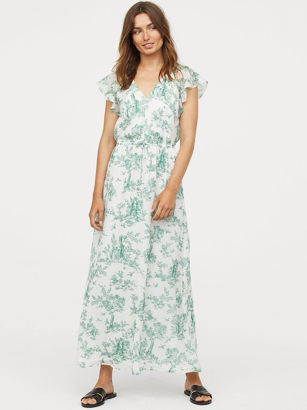 H&M‎ White Maxi Dress with Green Toile Print